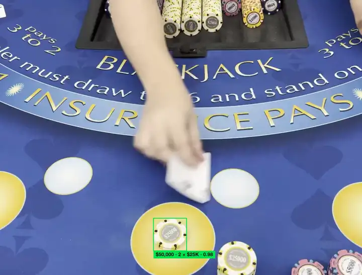 Overhead view of a blackjack table as the dealer deals. Red detection boxes track each card with its rank, suit and confidence value.